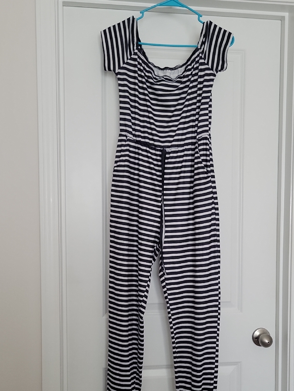 SHEIN Black & White Striped Off-Shoulder Jumpsuit
